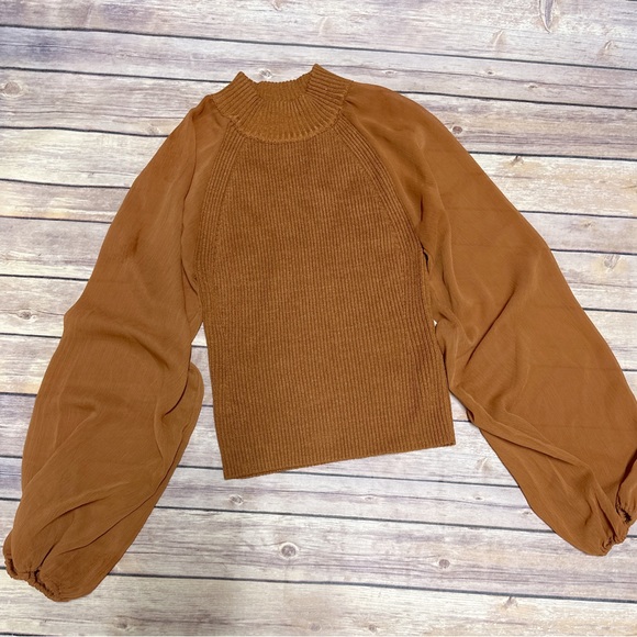 French connection Women’s Melody Mix Media Mock Neck Sweater In Brown Size S - Picture 1 of 9